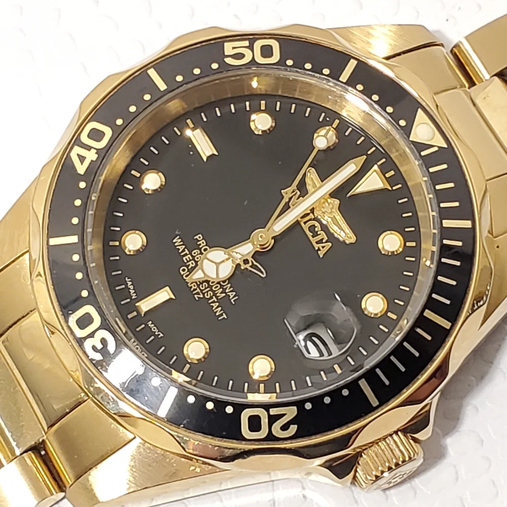 Invicta Men's Date Black Dial Gold Plated Quartz Watch WR 200 Meters
